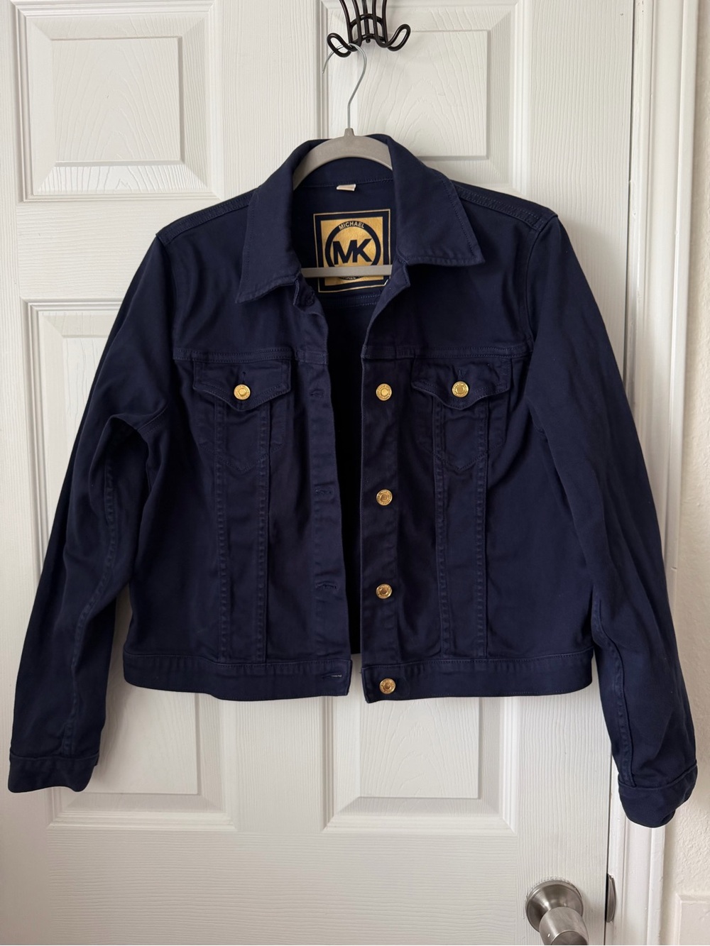 Michael Kors Navy Blue Stretch Denim Jacket Gold Logo Buttons Size L